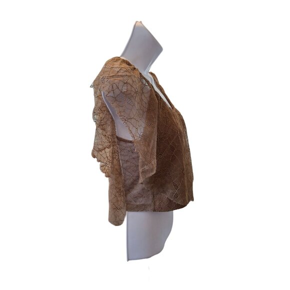 Umgee Womens Crop Top  Medium Brown Lace Flutter Sleeves Crochet USA Boho Y2K - Picture 3 of 9